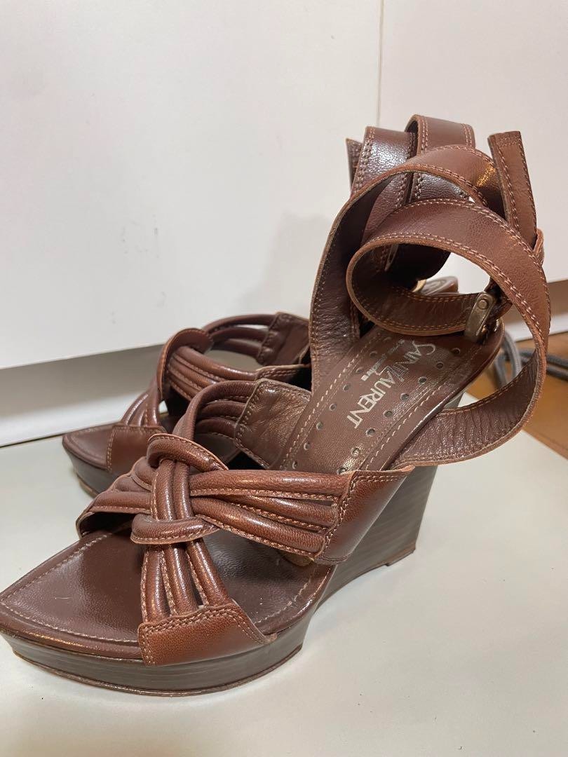 Sandalo YSL Saint Laurent marrone con cinturino incrociato e zeppa in pelle 35