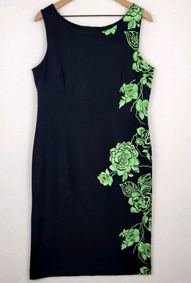 Maya Brooke Floral Midi Sheath Dress 14 Black Green Cocktail Whimsigoth Timeless