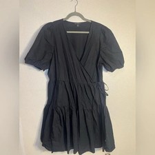 J. Crew Black Tiered Puff Sleeve Mini true Wrap Dress Cotton size XL