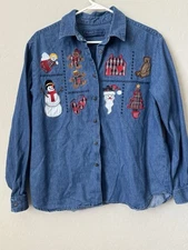 Karen Scott Shirt L Denim Christmas Bear Embroidered Angel Snowman Grandma Core
