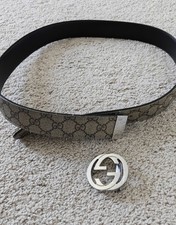 Gucci Men's Belt 1.5in Silver Interlocking G Logo Buckle Size 95-38