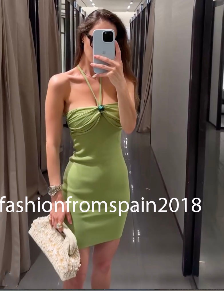 ZARA NEW WOMAN BANDEAU KNIT DRESS WITH BEADS GREEN S,M,L 4938/021/500