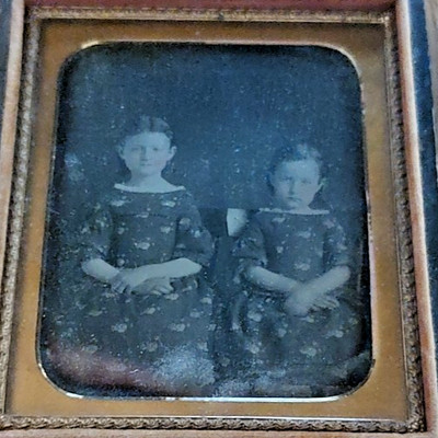 Sisters daguerreotype Portrait Young Girls Duck Geese Print Dress Mona Lisa