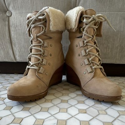 Sorel Shearling Lace-Up Wedge Bootie Beige   US 9.5 UK 7.5 EU 40.5