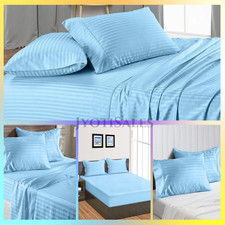 12" TO 30" Deep Pocket Sheets 1000 - 1200 TC Egyptian Cotton Sky Blue Stripe