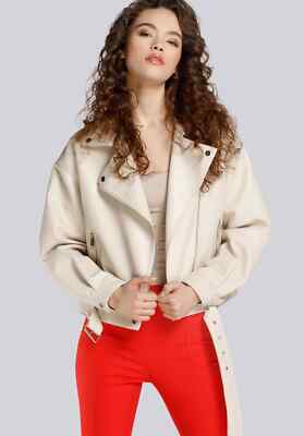 Creme Ramones-Jacke Bikerjacke Oversize mit Gürtel Cropped Gr. XL Beige