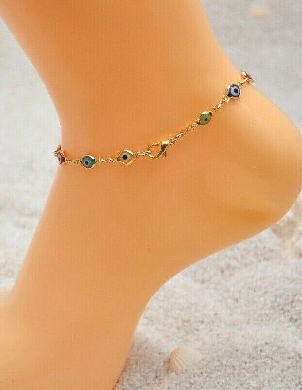 Evil Eye Bracelet. Multi-Color Tiny Evil Eye Charm Gold Plated Chain Bracelet, Evil Eye Anklet