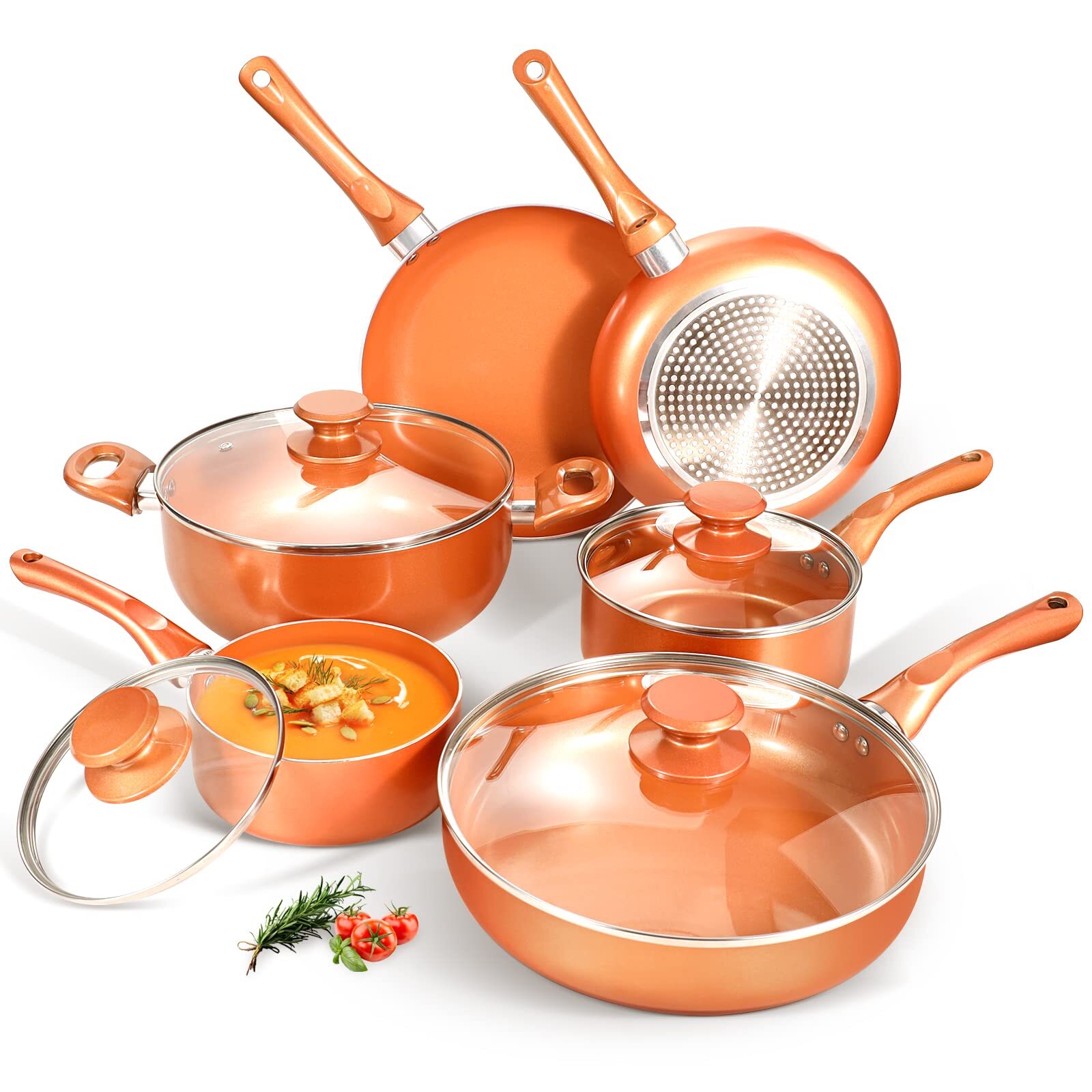 Updated Non Stick Pots and Pan Set, 10pcs Cookware Set with Ceramic Coating, ...