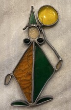 Stained Glass Sun Catcher Clown 7  Green Gold Yellow Vintage