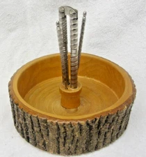 NICE Vtg Wooden Wood Bark Nut Bowl Dish w/Picks & HMQ Nut Cracker Rustic Retro