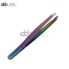 Multi Titanium Color Rainbow Eyebrow Tweezers 'Slant' Tip Stainless Steel