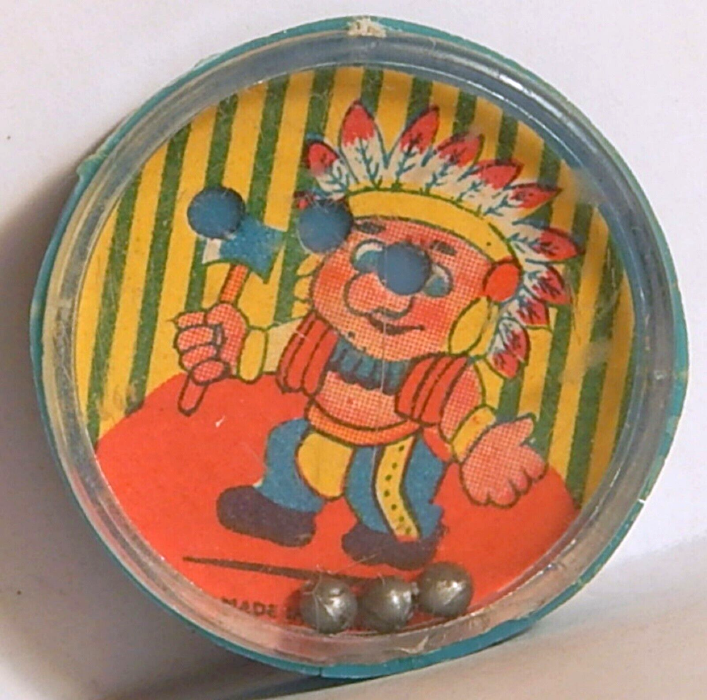 VINTAGE PALM PUZZLE DEXTERITY PUZZLE cartoon INDIAN W/ TOMAHAWK GUMBALL PRIZE