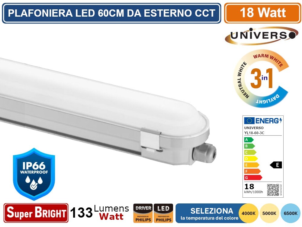 Plafoniera LED 60cm 18W IP66 CCT: Tubo Lineare Linkabile Professionale