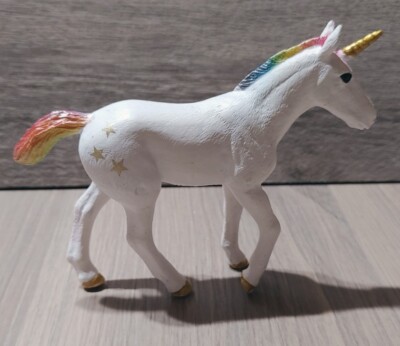 2017 PAPO White Unicorn Rainbow Mane & Tail, Gold Stars 3'' Fantasy Figure