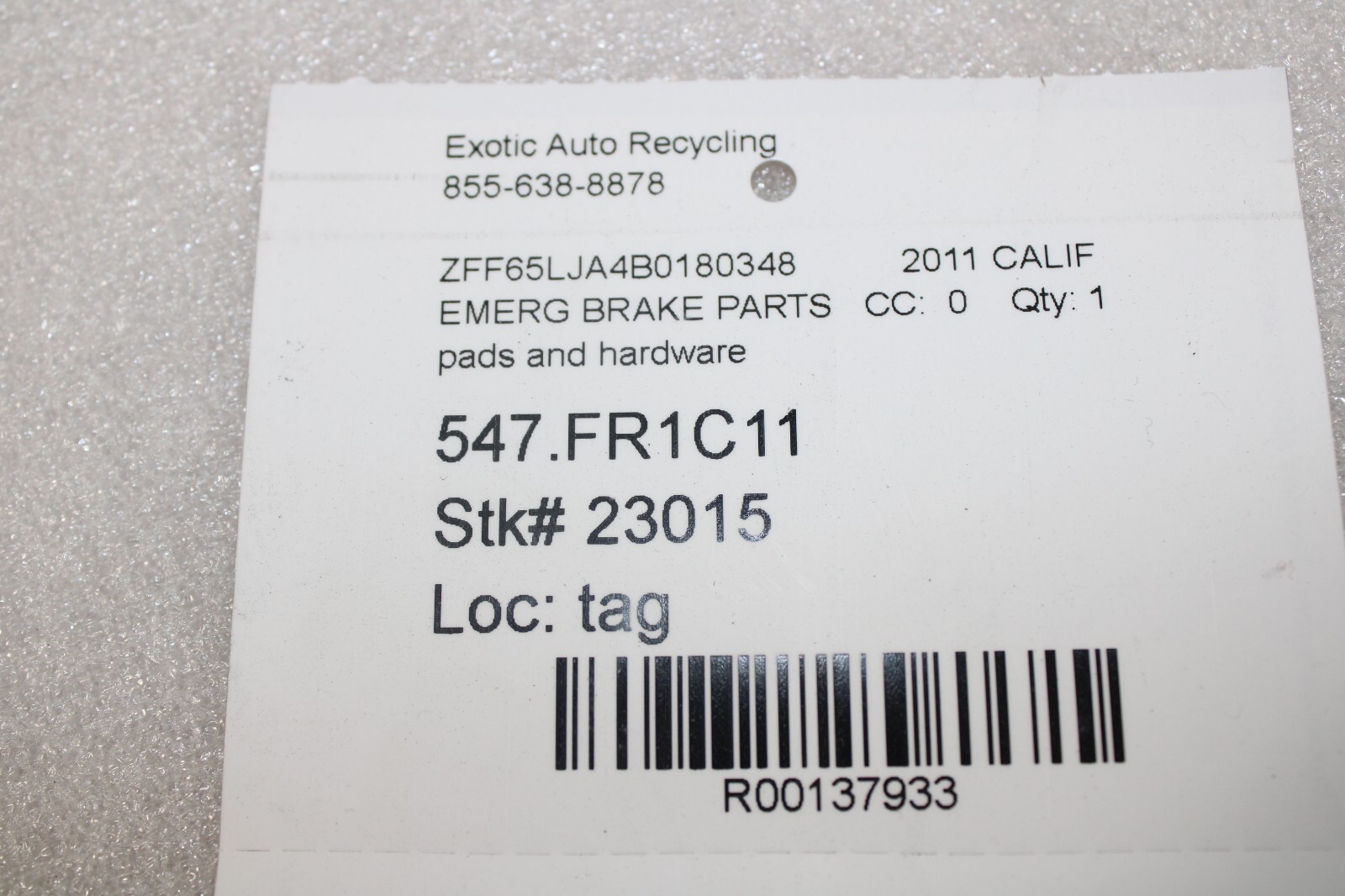 Ferrari California, E-Brake Pads and Hardware Set, Used