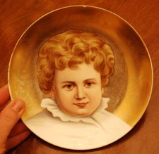 Antique Victorian HAND PAINTED PORTRAIT PLATE Blonde Child's Face W Gold Gilt