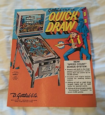 Gottlieb's QUICK DRAW Pinball Machine Advertising Flyer Vintage Rare ...
