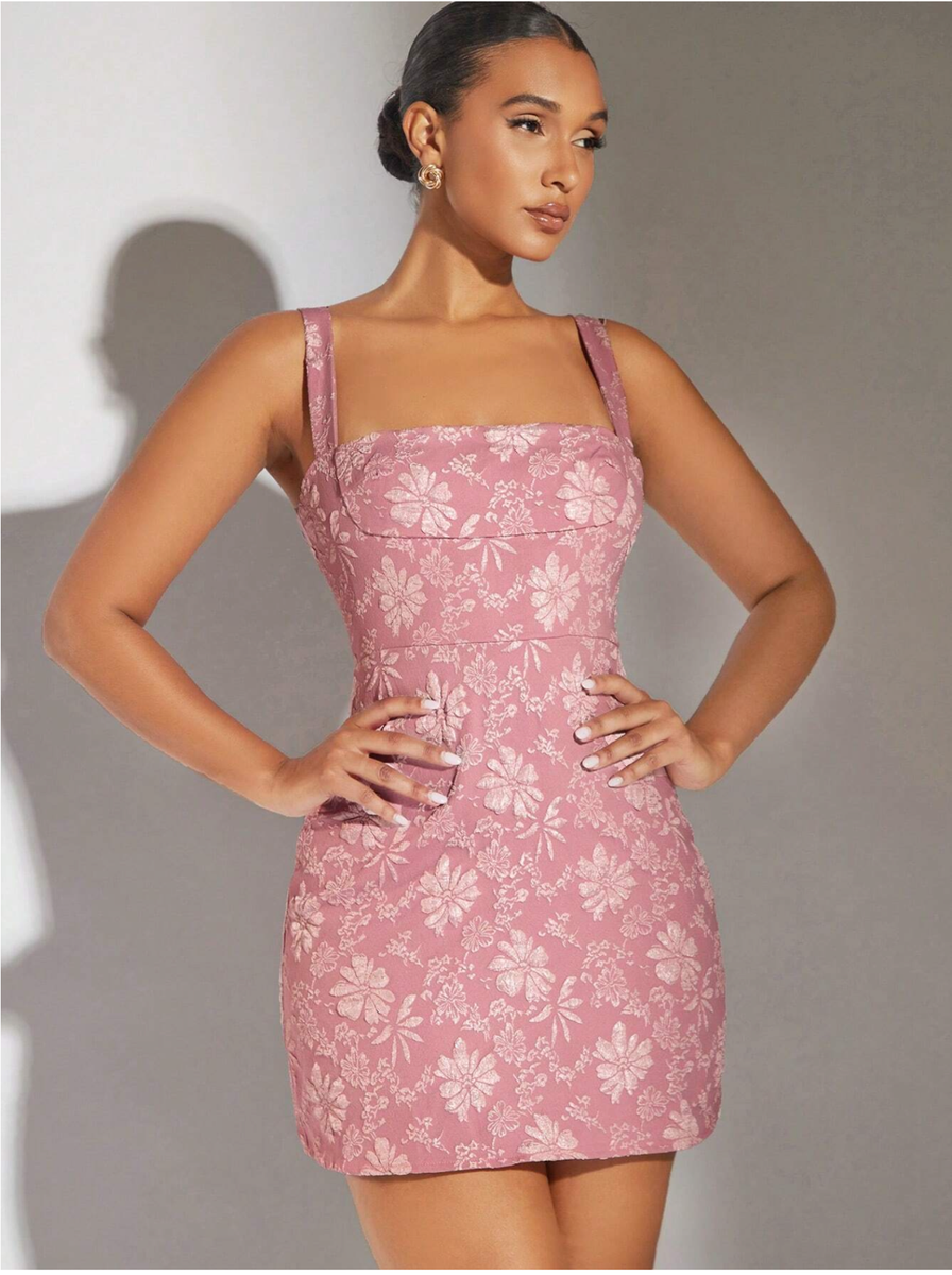 Pink BAE Lace Up Backless Floral Jacquard Cami Dress Sz XS S M L