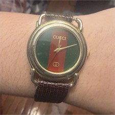 Gucci Sherry Line Quartz Analog Dress Watch 25mm Gold Case Brown Leather