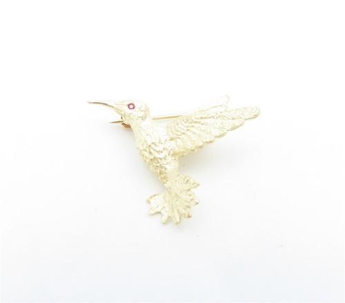 14K Yellow Gold Ruby Eyed Hummingbird Brooch Pin