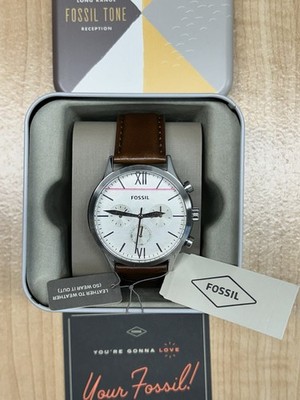 NIB Fossil Men s Watch, White Dial, Brown Leather Band new Collector Box BQ2363