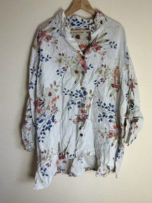 John Mark 3X Pure Linen Blouse Top Wire Stand up Collar Floral Shirt Boho Artsy