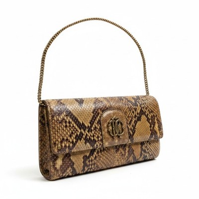 Roberto Cavalli Python Print Leather Chain Wallet Clutch Bag Gold Tone Strap