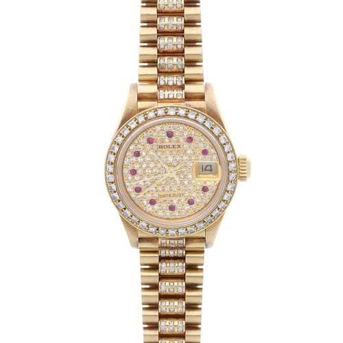 Rolex Lady Datejust 26mm 18K Yellow Gold Diamond Ruby Pave Dial President Watch