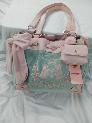 NWT Juicy Couture New Love Chapter Daydreamer Tote Bag Velour Frosty Green/Pink