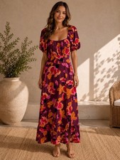 London Times Burgundy Red Floral Puff Sleeve Maxi Dress Size 14 NWT