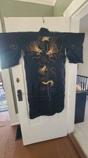 Vintage Black Satin Kimono Robe Embroidered Dragon