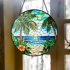Personalized Beach Scenery Stained Glass Suncatcher, Decor Gift