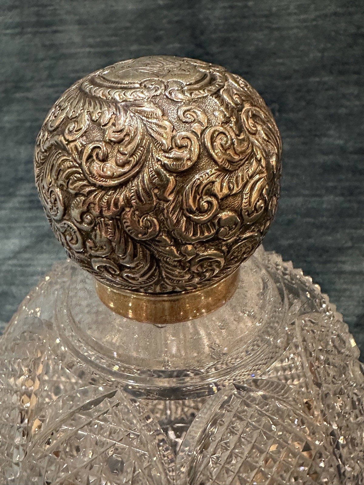 Antique English marking sterling silver and cut crystal dresser jar - screw top