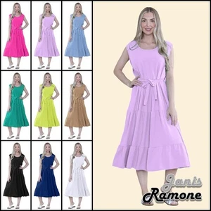 Robe smock italienne sans manches ceinturée midi robe unie volants été dress