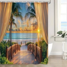 Beach Theme Shower Curtain Blue Ocean Coastal Sunrise Bridge Seaside Hawaiian
