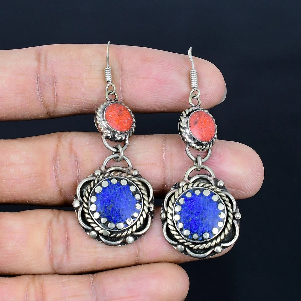 Lapis Lazuli Red Coral Ethnic 925 Sterling Silver Tibetan Nepali Earring 2.3" v9 - Image 2 of 4