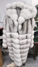 LUXURY DESIGNER Real Arctic White Blue Fox Fur Coat FULL LENGTH HOODED Jacket 46