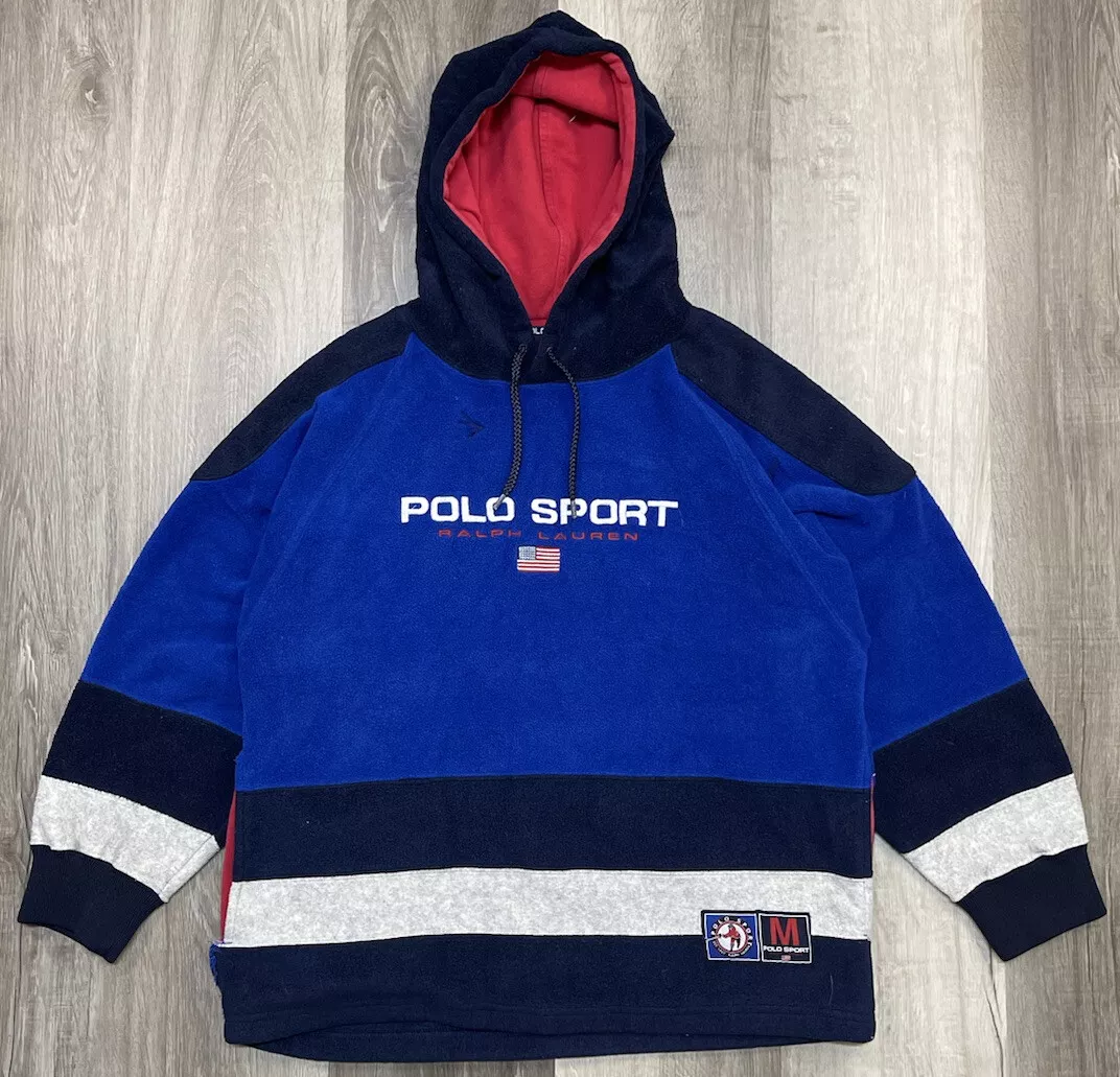 90s Polo Sport Ralph Lauren Hockey Fleece Embroidered Hoodie Color Block XS VTG