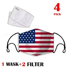4 Reusable Washable Cotton Cloth Face Mask with Valve 8 PM2.5 FilterS,USA FLAG