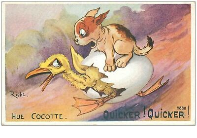 OSTERN. Nr. 24405. HUE COCOTTE.HUND AUF EINEM VOGEL.ILLUSTRATOR RECHTS