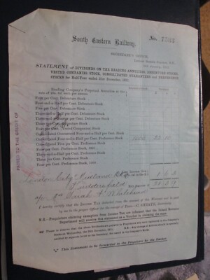 South Eastern Railway Co Dividendenerklärung 1/2 Jahr 31. Dezember 1911 Sarah A Whitehead