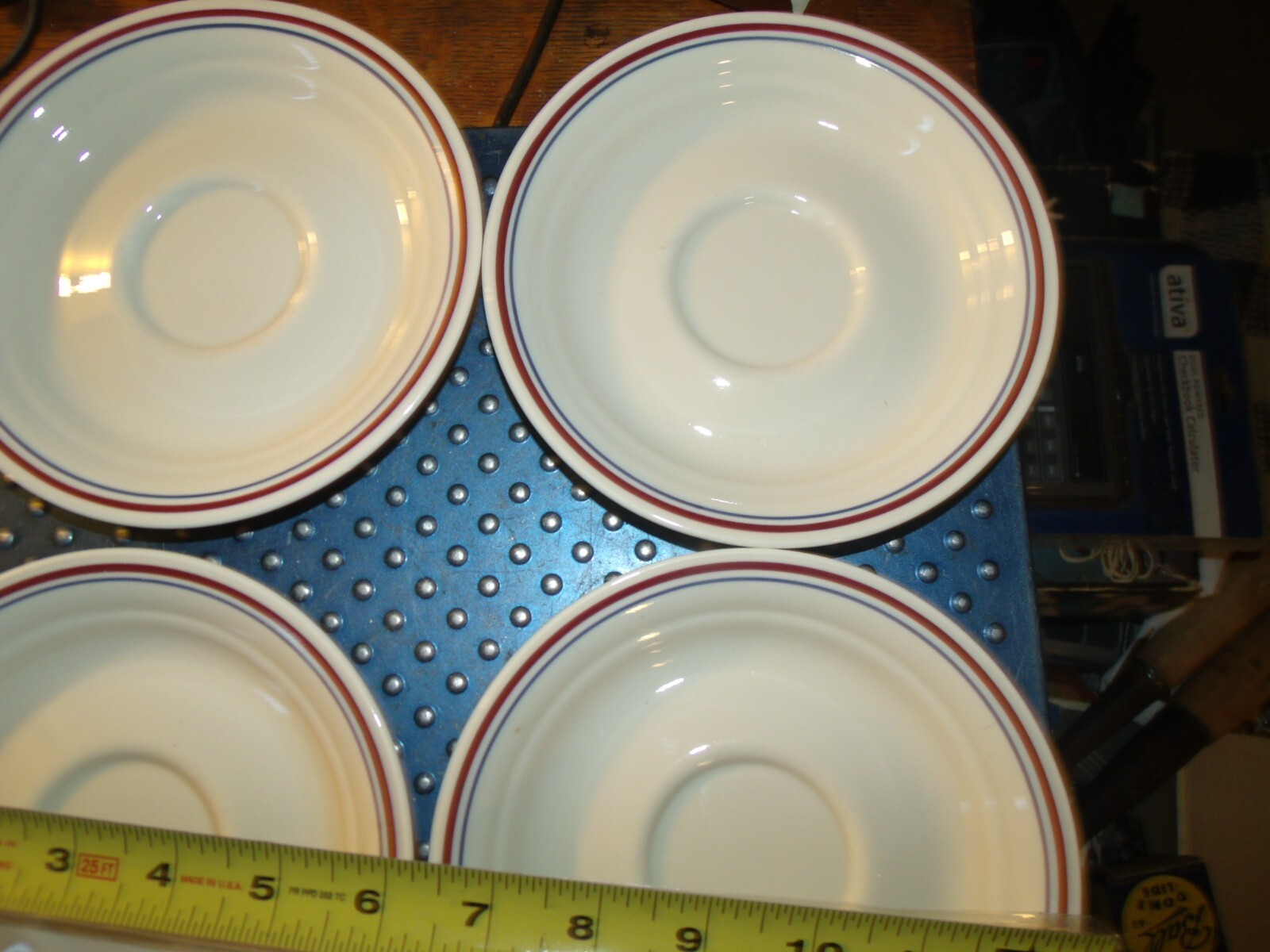 Corelle Corning Abundance Saucers Blue & Maroon Bands Set Of 4