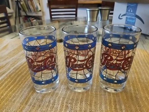 Set of  3 Vtg Pepsi Cola Glasses 1970's Tiffany Style-Staind Glass Heavy Duty
