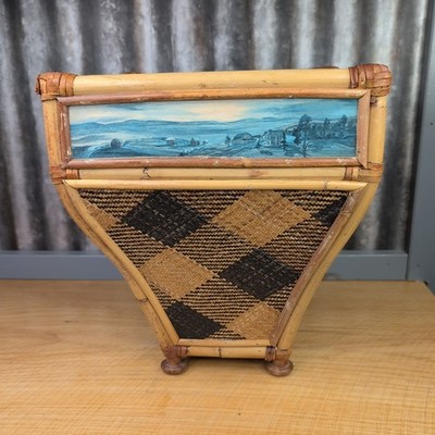 Vtg MacKenzie Childs Rattan Ajiro Wicker Footed Basket Hand Painted Landscape