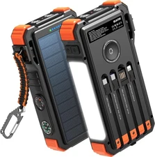 Solar Power Bank with Wireless Charger & 4 Built-in Cables, 20000mAh Flashlight