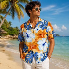 Unisex Blue Orange Floral Shirt, Yellow Tropical Hibiscus Print, Button Up