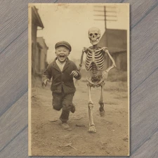 Art Print Boy Running Skeleton Halloween Humor Creepy Whimsical Odd Retro