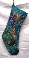 PIER 1 Green Purple & Gold Beaded Sequin PEACOCK Christmas Stocking sku3239595