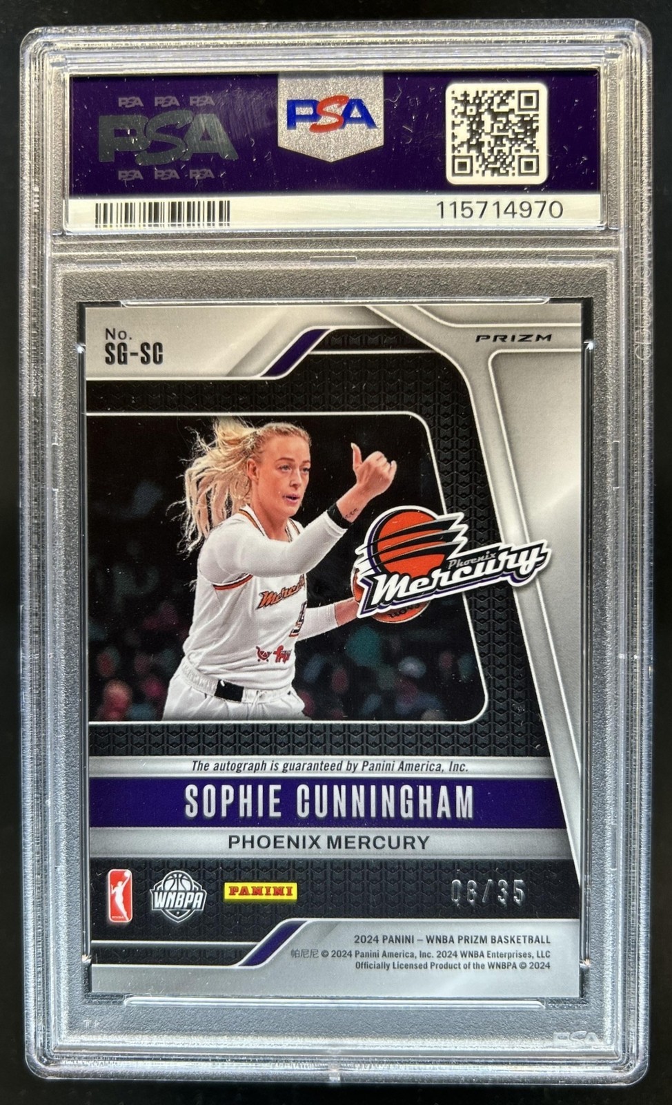 2024 Panini WNBA Prizm Sophie Cunningham Signatures Teal Auto #/35 Mercury PSA 9 view 2