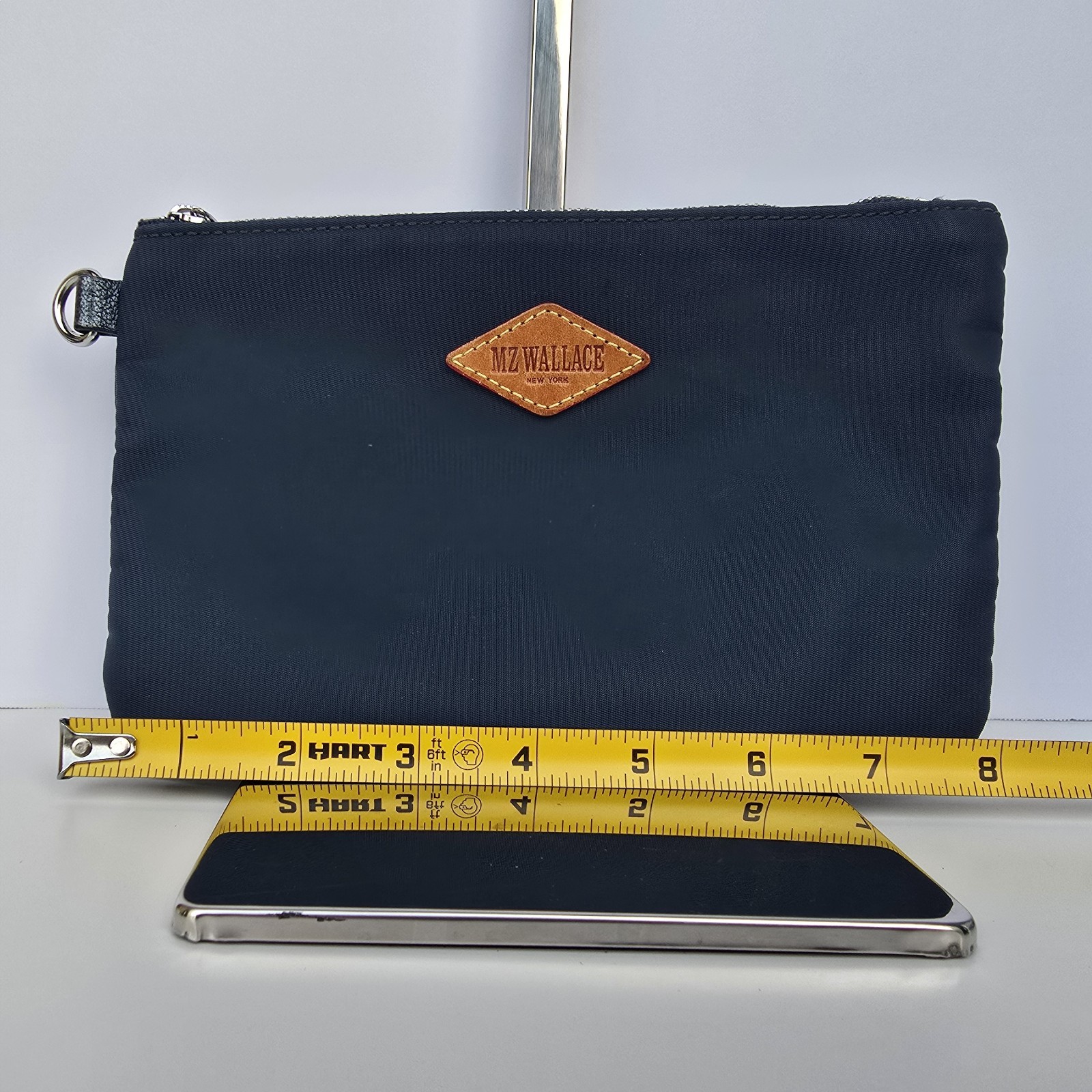 MZ WALLACE Navy Blue Nylon Zip Pouch Clutch Bag Wallet Leather Logo